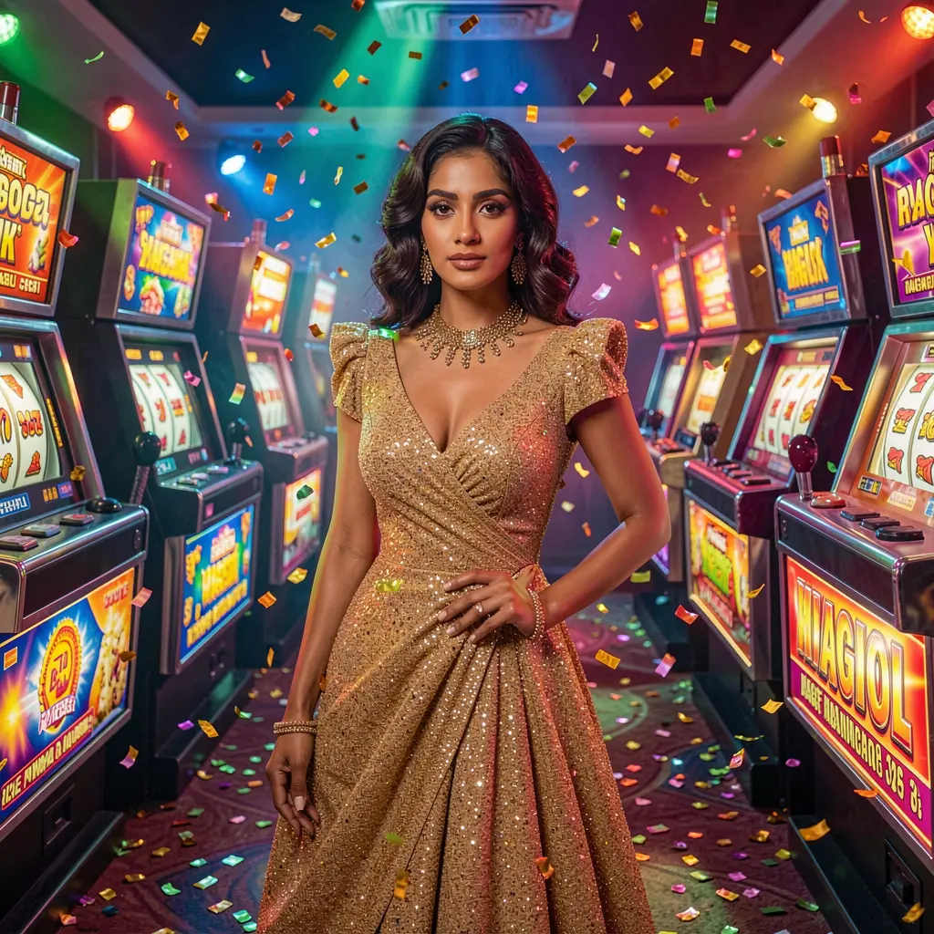 A glamorous woman in a luxury golden dress standing in a vibrant casino atmosphere with glowing slot machines and jackpot lights at MM999, representing premium online gaming in Bangladesh
